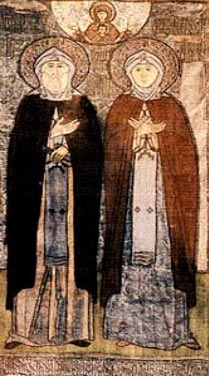 Свв. Петр и Феврония Муромские. Покров на раку с мощами. XVI век