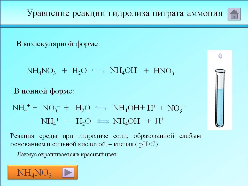 Реакция среды раствора гидроксида натрия. Нитрат аммония реакция гидролиза. Реакция образования нитрита аммония. Гидролиз нитрата аммония. Гидролиз нитрата аммония уравнение реакции.